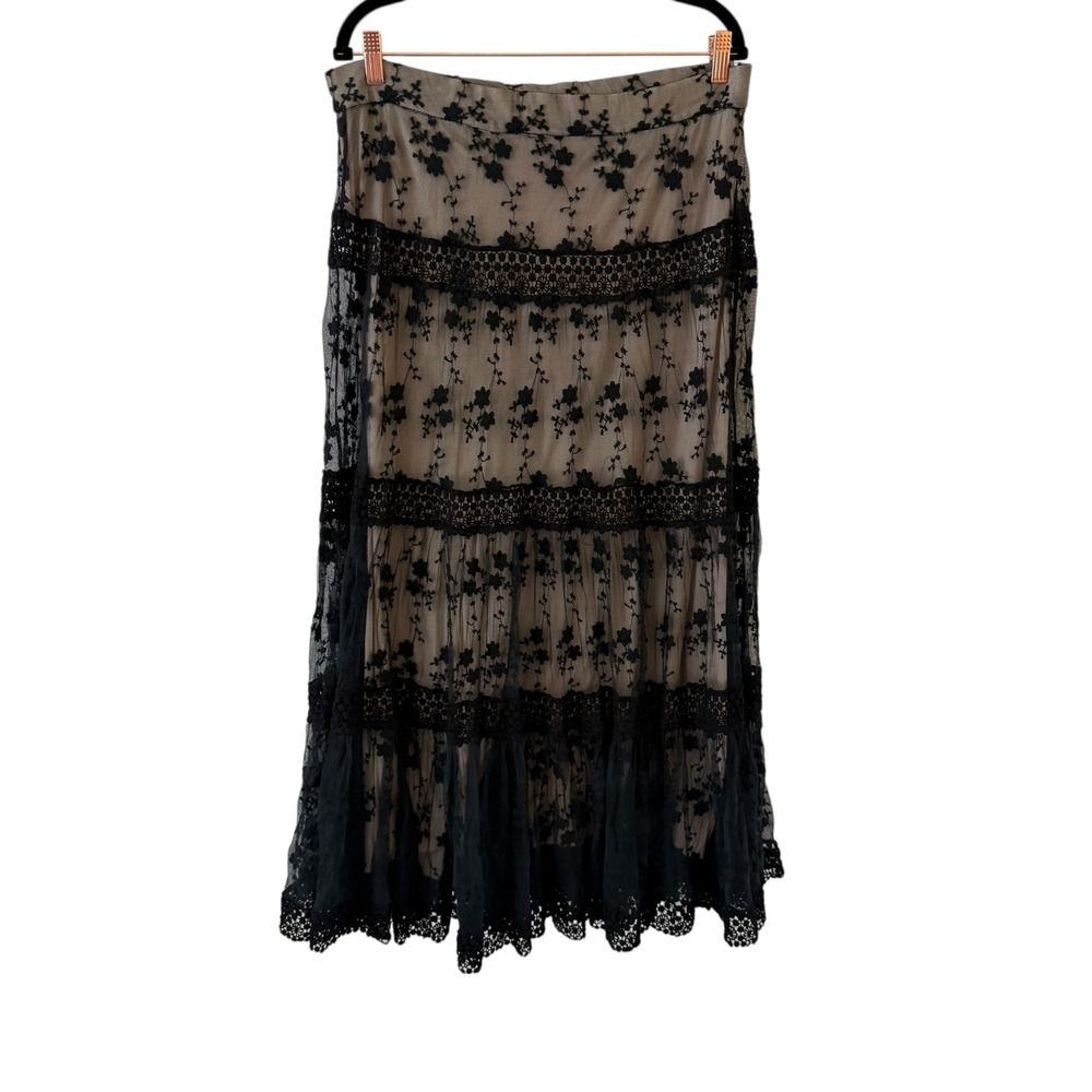 Alberto Makali Whimsigoth Lace Tiered Skirt M Black Floral Embroidered Mesh Midi